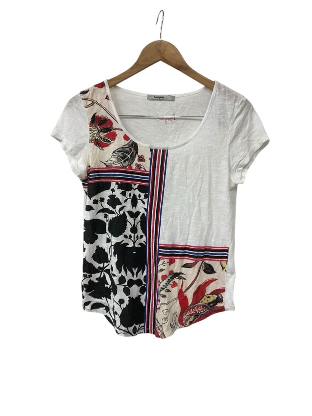 Desigual White Short Sleeve Multi Color Tee T Shirt Top S